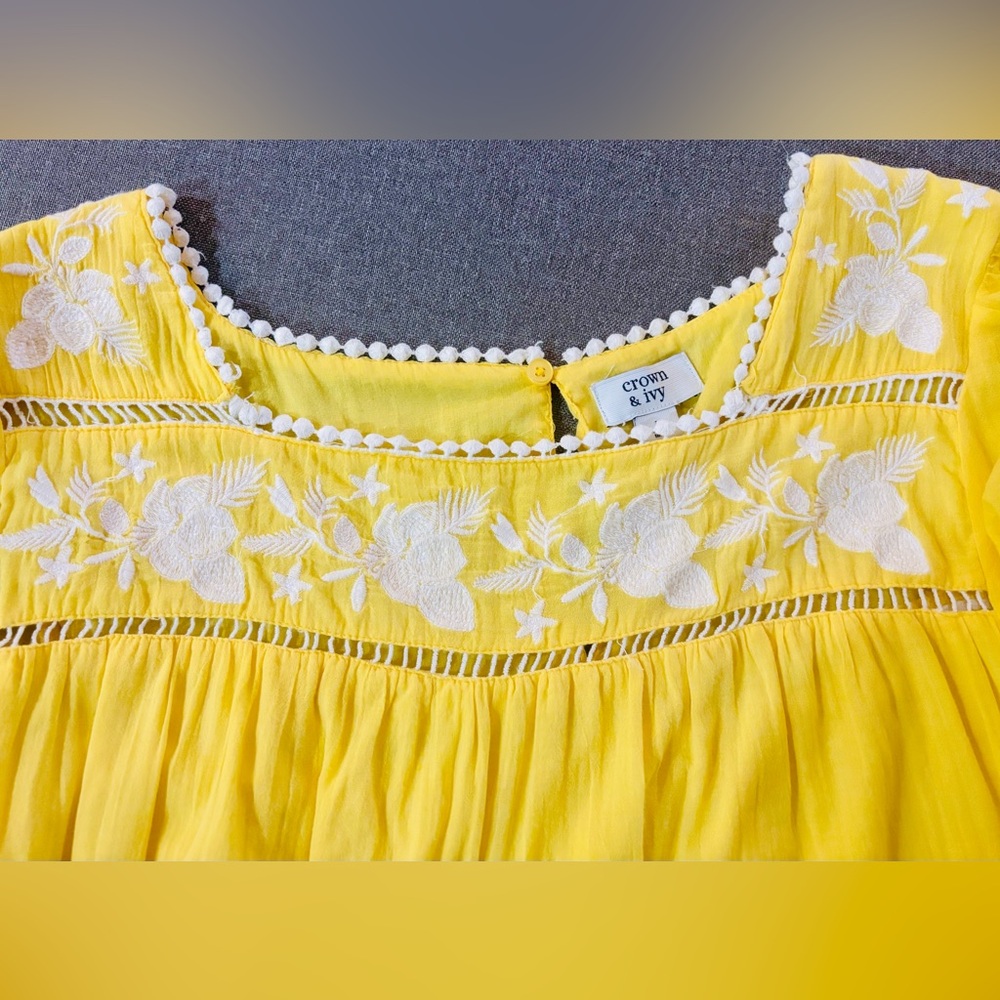 Crown & Ivy Boho Yellow Embroidered Pom-Trim  Top